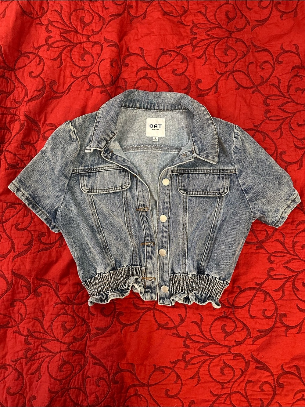 Oat New York Short Sleeve Cropped Denim Jacket - Light Blue